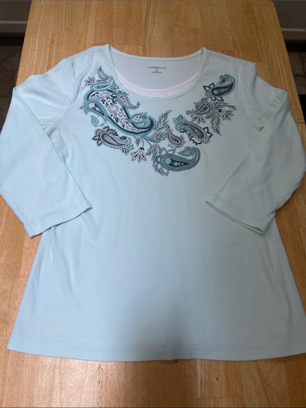 croft & barrow Light Mint Long Sleeve Scoop Neck Top with Paisley Embroidery.